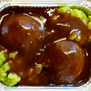 Home-made faggots, peas & gravy